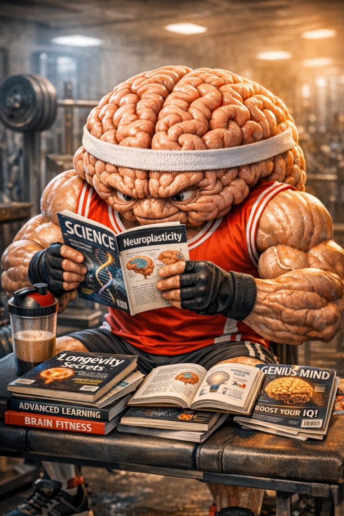 Un supercebrebro en excelente forma física está en su centro de entrenamiento, leyendo artículos de ciencia y neuroplasticidad, con un batido de proteína mental al lado.