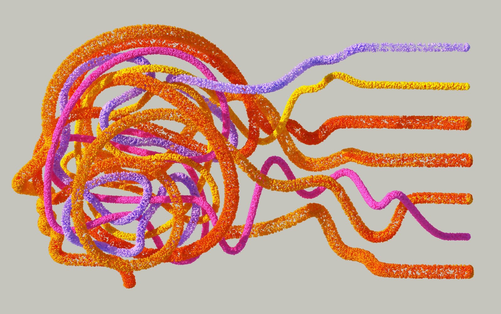 Imagen abstracta, tiras de colores vibrantes dibujan la forma de una cabeza, con más tiras que salen hacia atrás.